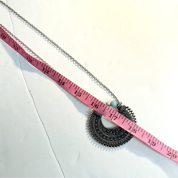 ZAD Silvertone & Turquiose Bead Statement Necklace Long Pendant Boho Bohemian - Picture 7 of 9